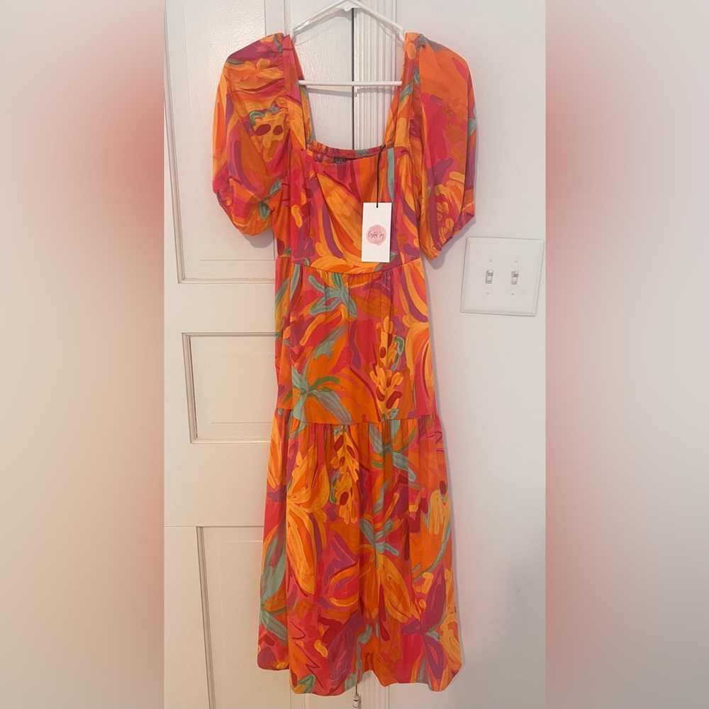 Bright Tropical Print Puff-Sleeve Midi Dress